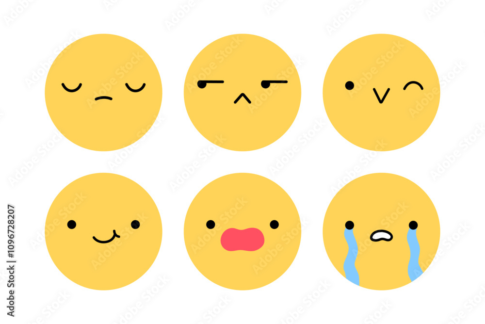 A cute emoji set with different facial expressions. Yellow characters with happy, joyful, sad, disappointed, surprised, crying mood. Vector flat illustration. Perfect for social media, stickers. A cute emoji set with different facial expressions. Yellow characters with happy, joyful, sad, disappointed, surprised, crying mood. Vector flat illustration. Perfect for social media, stickers.