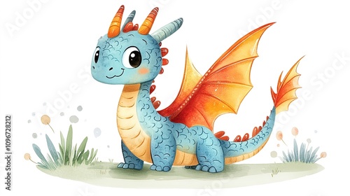 colorful and playful illustration of a friendly dragon, floating on a white background, perfect for a children storybook adventure