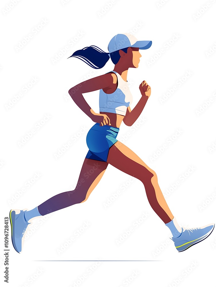 there is a woman running in a blue hat and blue shorts there is a woman running in a blue hat and blue shorts