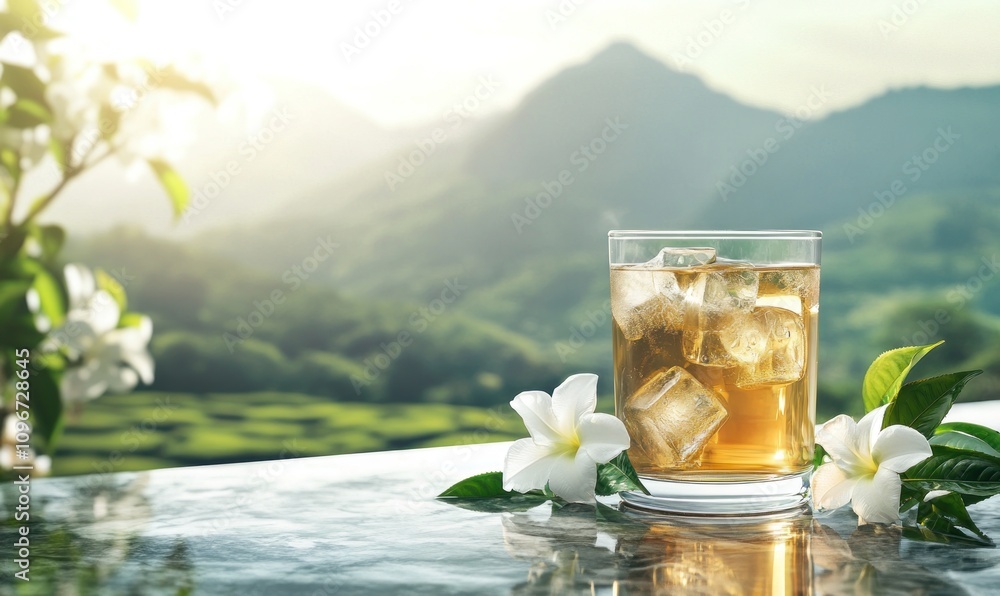 A refreshing drink with ice on a table, surrounded by flowers and a scenic mountain backdrop. A refreshing drink with ice on a table, surrounded by flowers and a scenic mountain backdrop.