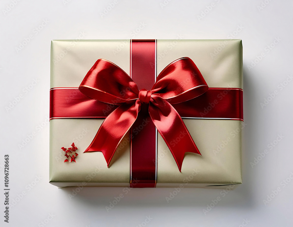 A festive Christmas gift box wrapped in beige paper with a red ribbon and a small star-shaped decoration A festive Christmas gift box wrapped in beige paper with a red ribbon and a small star-shaped decoration