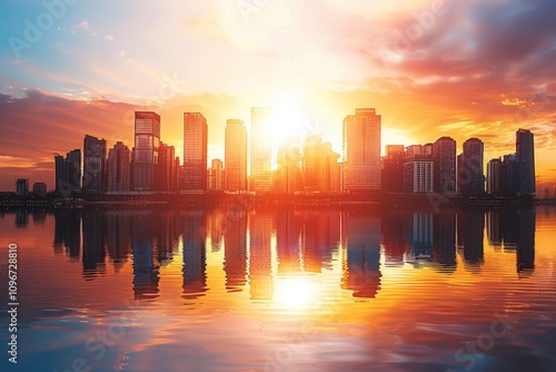 Cityscape at sunset with buildings and skyscrapers in the background, people on the street