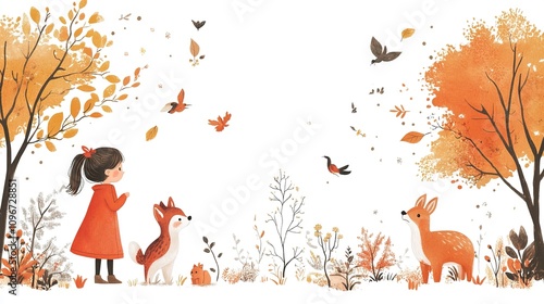 little girl and her talking animal friends, walking through a magical forest, placed on a white background