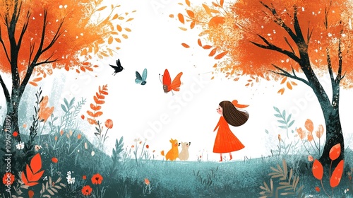 little girl and her talking animal friends, walking through a magical forest, placed on a white background