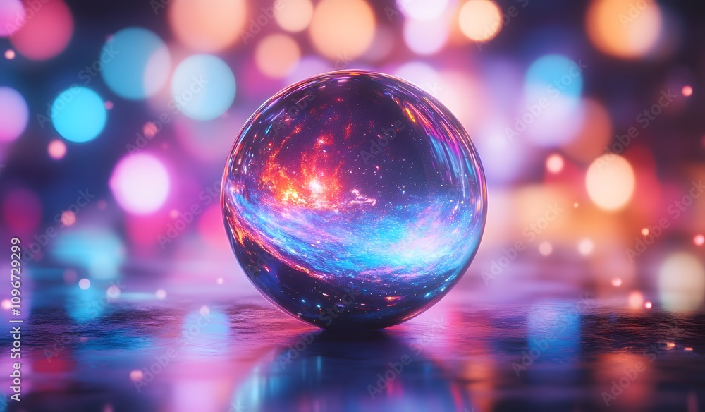 3D render of a glass sphere with a colorful galaxy inside, reflection on the surface, on an abstract blurred background, with glowing neon light effects, 3D render of a glass sphere with a colorful galaxy inside, reflection on the surface, on an abstract blurred background, with glowing neon light effects,