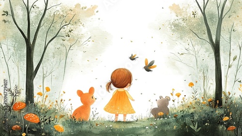 little girl and her talking animal friends, walking through a magical forest, placed on a white background