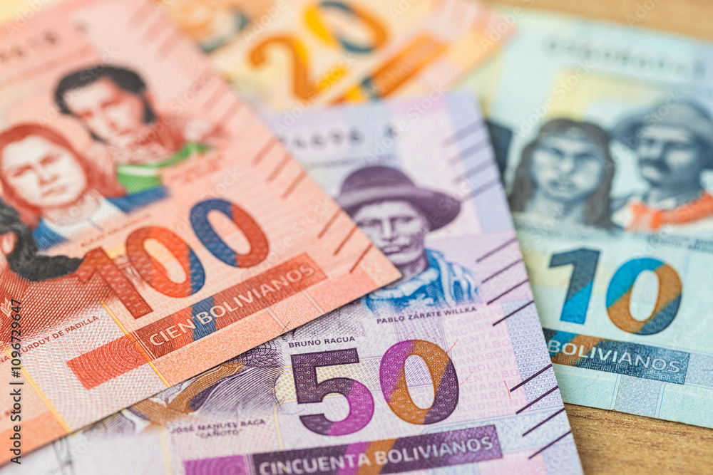 Bolivia money, bolivian banknotes, economic concept. financial background, bolivia currency rate, close up Bolivia money, bolivian banknotes, economic concept. financial background, bolivia currency rate, close up