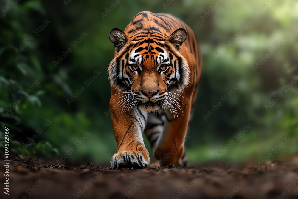 Fototapeta premium Majestic tiger walking through lush forest, showcasing its strength and beauty.