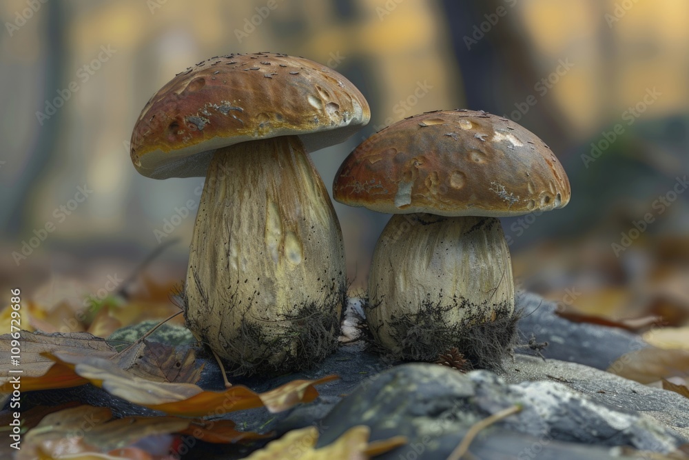 Fototapeta premium A pair of mushrooms sitting atop a pile of fallen leaves, perfect for autumn or nature-themed designs