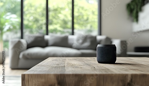 Black smart speaker on a wooden table in a modern living room interior with a grey sofa and a large window, blurred background, copy space for text, banner design.