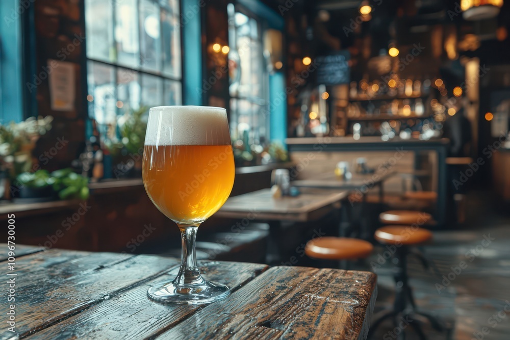 One pint of hazy IPA, sharp focus on foam and glass, blurred craft beer bar background . One pint of hazy IPA, sharp focus on foam and glass, blurred craft beer bar background .