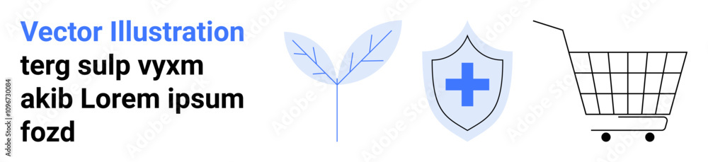 Shopping cart, shield with medical cross, and leaf icons. Ideal for e-commerce, health, eco-friendly, secure shopping, medical services, online health, and sustainability topics. Banner for landing Shopping cart, shield with medical cross, and leaf icons. Ideal for e-commerce, health, eco-friendly, secure shopping, medical services, online health, and sustainability topics. Banner for landing