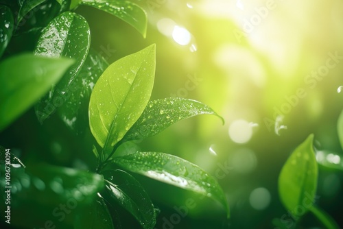 Close-up shot of water droplets on plant leaves, great for science or nature themes photo