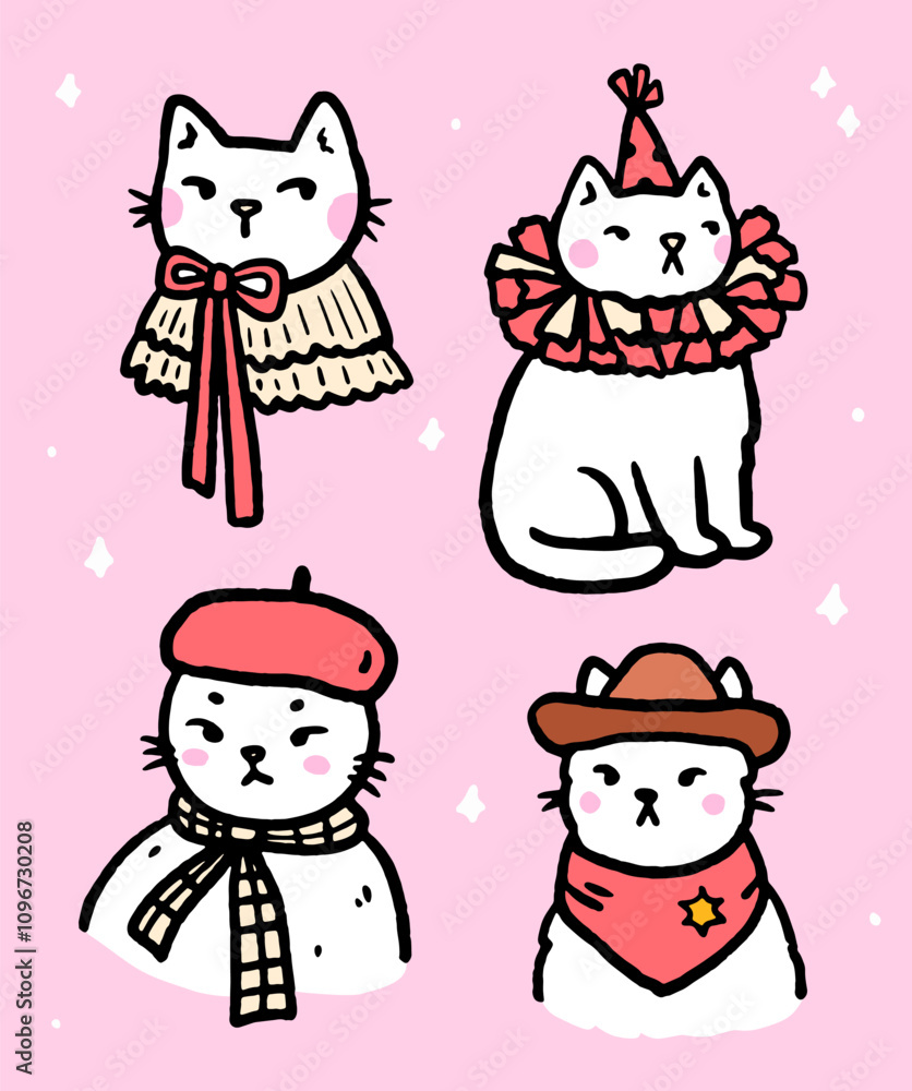 A set of cute white cats in different costumes. Vector hand-drawn illustration in doodle style. Perfect for cards, stickers, decorations, print, logo and various designs. A set of cute white cats in different costumes. Vector hand-drawn illustration in doodle style. Perfect for cards, stickers, decorations, print, logo and various designs.