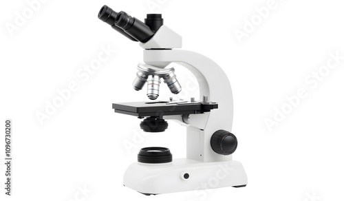 Photo of a simple white microscope on an isolated background, high-resolution photography.