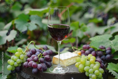 A glass of wine, cheese, and grapes served on a wooden barrel for a cozy evening