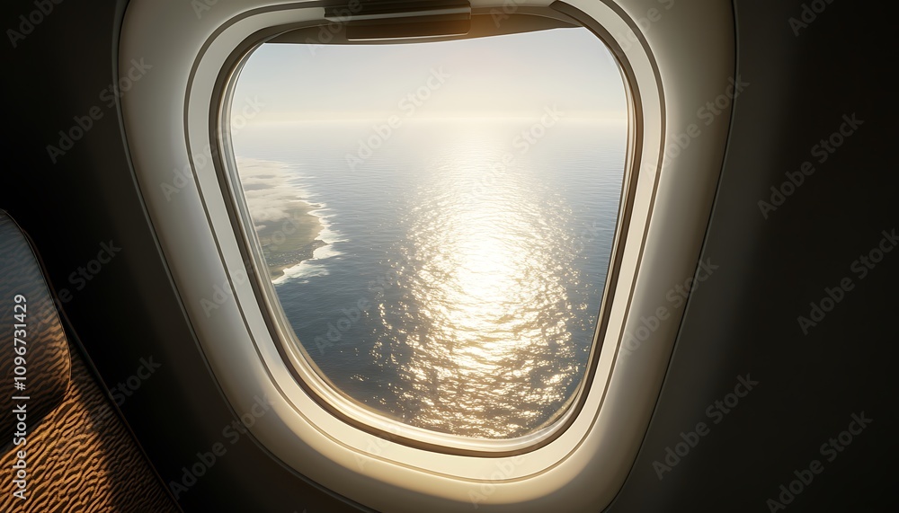 A serene view from an airplane window overlooking the ocean at sunset. A serene view from an airplane window overlooking the ocean at sunset.
