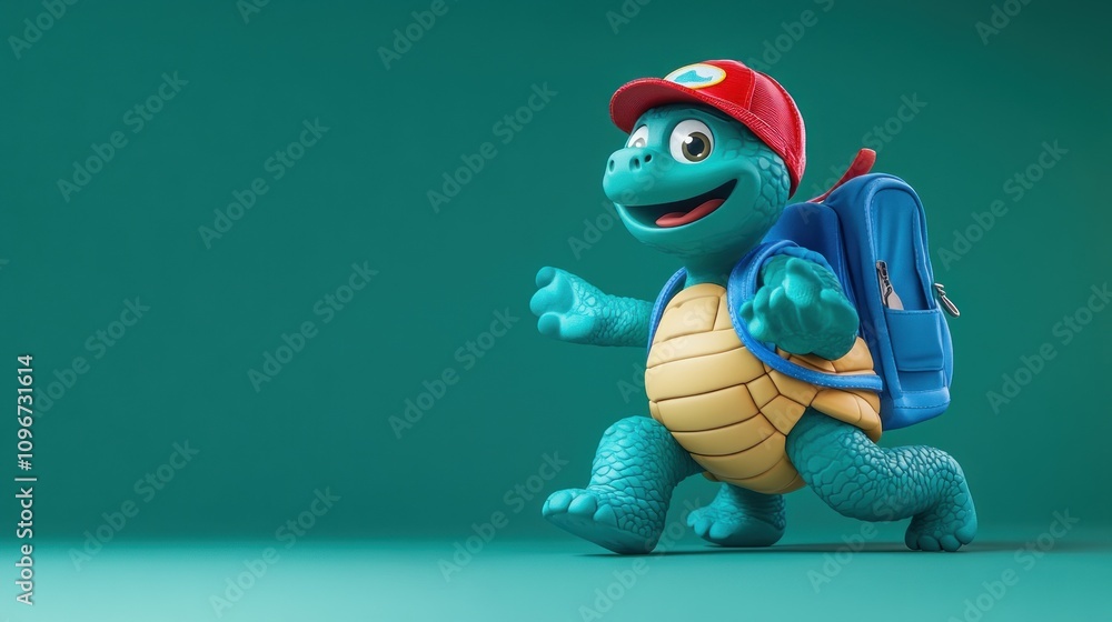 A cheerful turtle character with a backpack and cap, ready for adventure. A cheerful turtle character with a backpack and cap, ready for adventure.