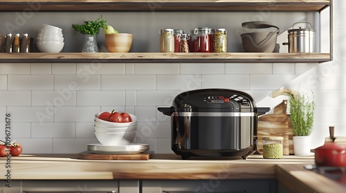 An advanced slow cooker in a contemporary kitchen with open shelves showcasing culinary delight and cookbooks, embodying convenience and culinary artistry.