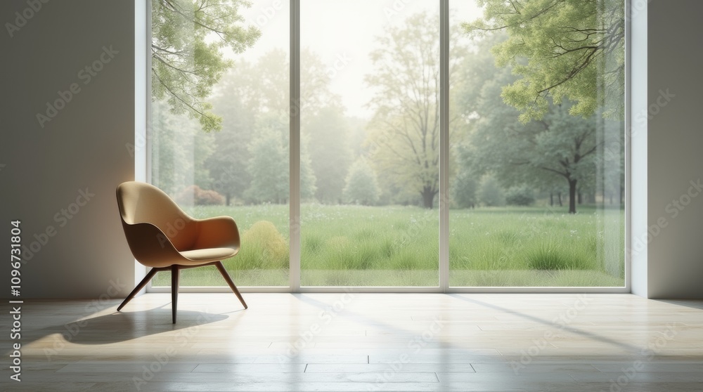 single chair facing a large window with a view of a tranquil garden, representing the idea of taking a step back to relax and reflect single chair facing a large window with a view of a tranquil garden, representing the idea of taking a step back to relax and reflect