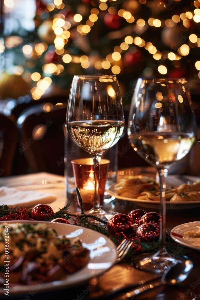 A dinner table set with plates of food and glasses of wine, ideal for use in stock photography images A dinner table set with plates of food and glasses of wine, ideal for use in stock photography images