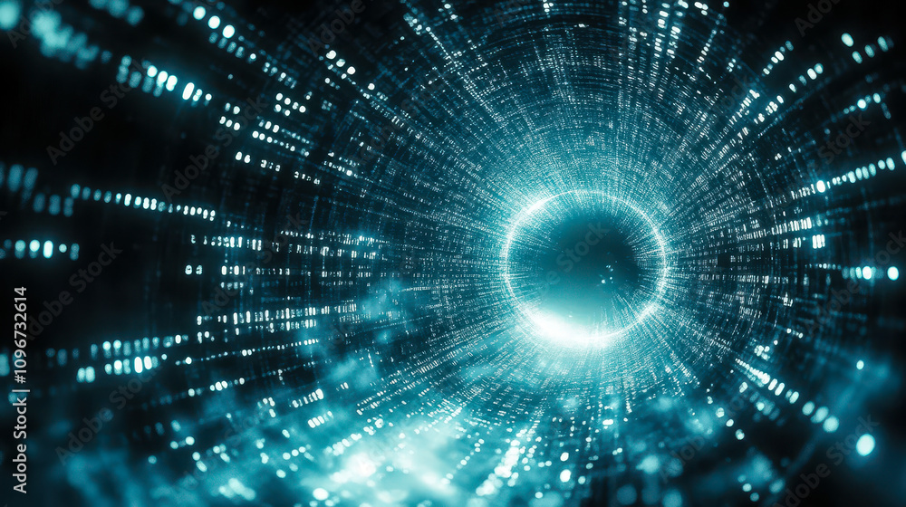 Fototapeta premium Dynamic Flow of Binary Code Through Circular Gateway on Matrix Background