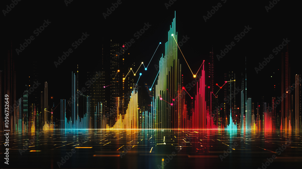 Abstract black background with Colorful charts and graphs with statistics to innovative analyze business potential and forecast future development of companies growth. Abstract black background with Colorful charts and graphs with statistics to innovative analyze business potential and forecast future development of companies growth.