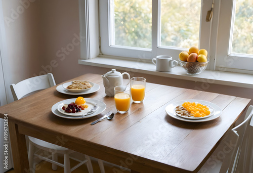 Breakfast for two served on the kitchen table with food and drinks in the morning.