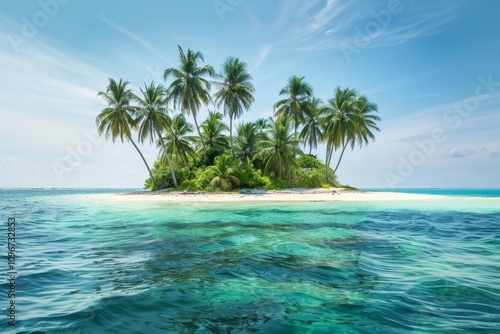 An idyllic scene featuring the best islands globally, highlighting pristine beaches and vibrant landscapes. A picturesque deserted island covered in palm trees and surrounded by turquoise waters.