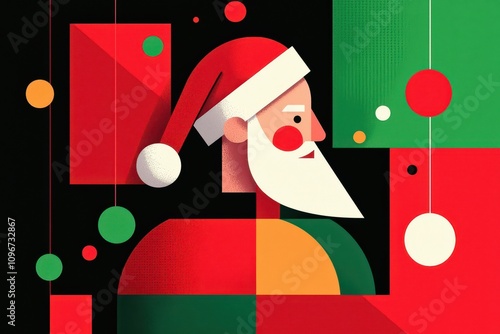 A colorful, abstract depiction of Santa Claus wearing a red hat, with geometric shapes in red, green, and white creating a festive atmosphere.
