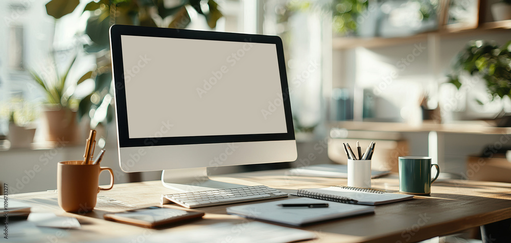 Register signup concept. A bright, modern workspace featuring a computer monitor, stationery, and plants, creating an inviting atmosphere for productivity. Register signup concept. A bright, modern workspace featuring a computer monitor, stationery, and plants, creating an inviting atmosphere for productivity.