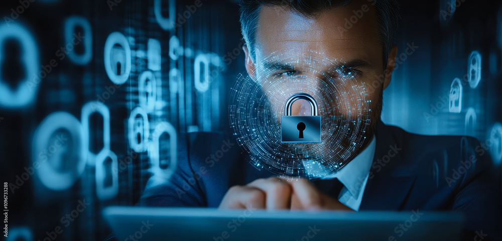 Businessman with Digital Padlock Concept for Cyber Security and Data Protection Businessman with Digital Padlock Concept for Cyber Security and Data Protection