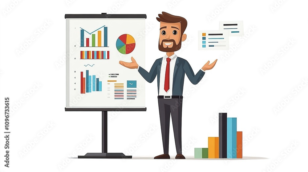 modern illustration of a business person giving a presentation, placed on a clean white background, with charts and graphs in hand modern illustration of a business person giving a presentation, placed on a clean white background, with charts and graphs in hand