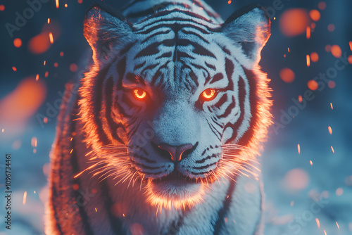 Fierce white tiger with fiery orange energy, close-up portrait.  Intense eyes, digital art. photo