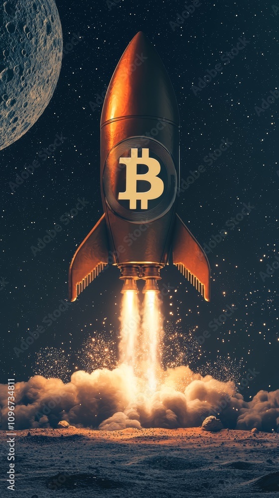 Naklejka premium Bitcoin Rocket Going to the Moon. BTC Cryptocurrency Symbol. Space Exploration Background Concept Art