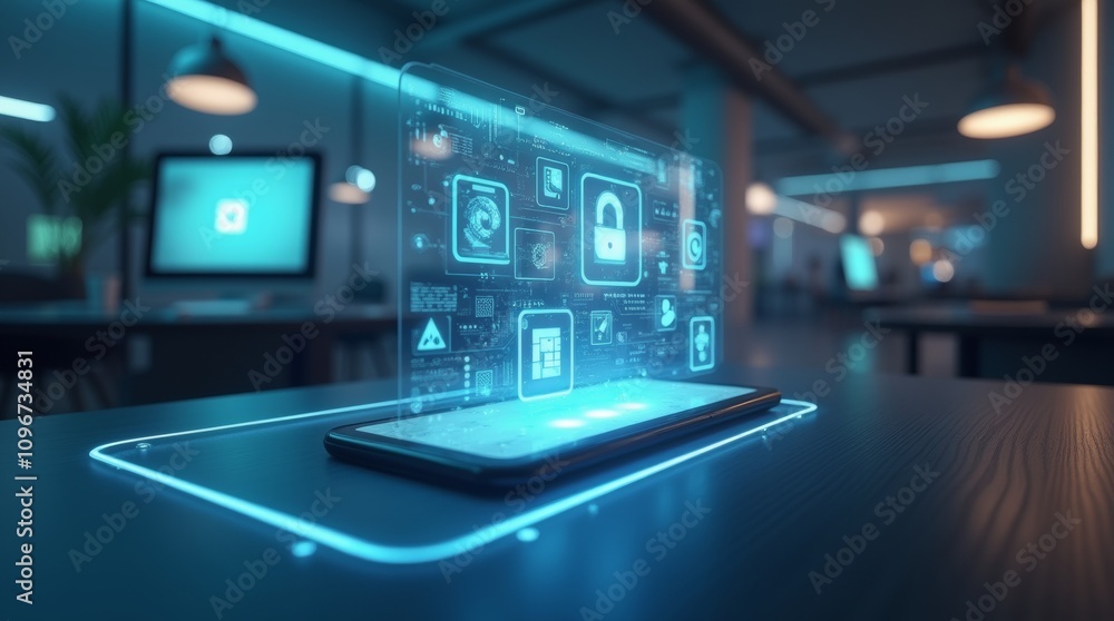 futuristic technology concept featuring a sleek transparent holographic smartphone in a modern, high-tech office setting, glowing interface with 3D icons futuristic technology concept featuring a sleek transparent holographic smartphone in a modern, high-tech office setting, glowing interface with 3D icons