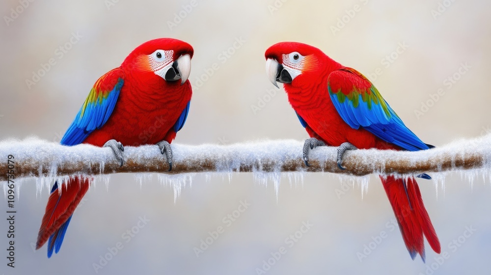 Fototapeta premium Parrots fluffing their feathers on a winter morning