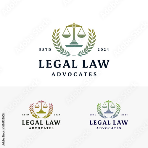 Legal Law Advocates logo emblem with scales, laurel wreath. Suitable for legal offices, law firms, advocacy groups, and legal organizations.