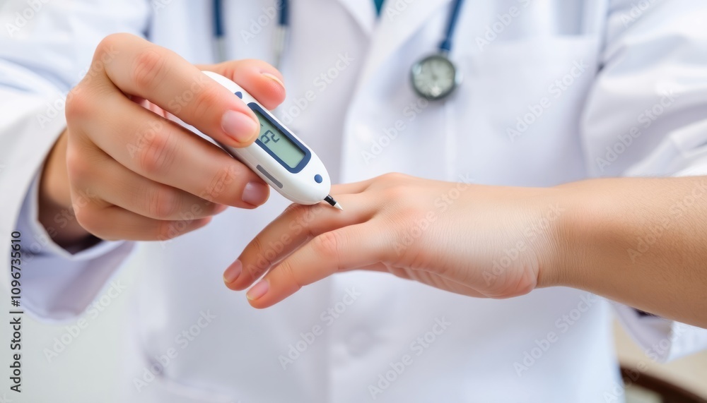 Doctor Using Glucometer On Patient's Finger Doctor Using Glucometer On Patient's Finger