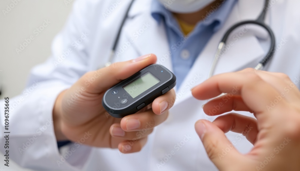 Doctor Using Glucometer On Patient's Finger Doctor Using Glucometer On Patient's Finger