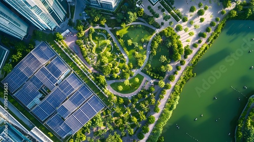 An aerial view of a modern city with a large park featuring lush greenery, winding paths, and a serene lake, contrasting with the surrounding high-rise buildings and solar panels.