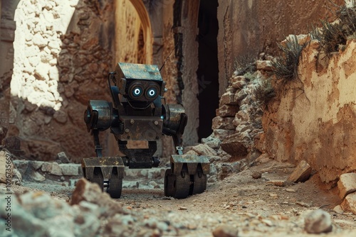 A robot archaeologist excavating ancient ruins, A robot strides through a tight alley, demonstrating its ability to maneuver in restricted spaces. photo