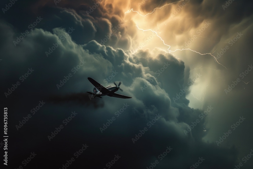 A small plane flies through a cloudy sky with white puffy clouds A small plane flies through a cloudy sky with white puffy clouds