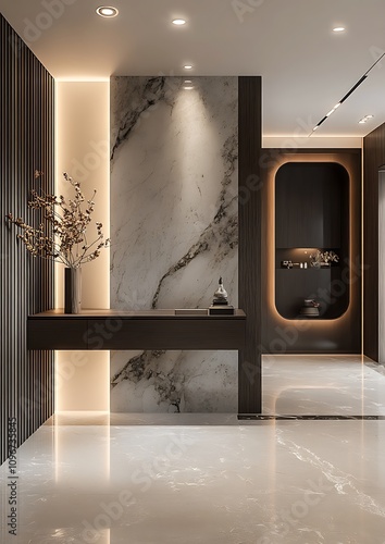 there is a marble counter in a room with a vase of flowers