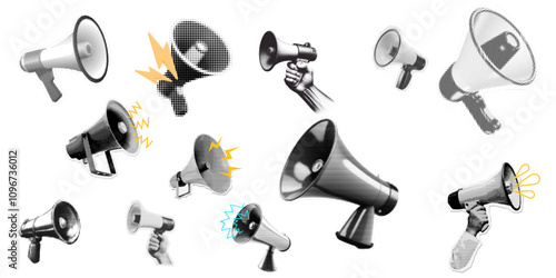 set of Halftone loudspeaker in hand - vintage collage element. Collage design paper sticker in trendy retro 90s magazine style. Vector illustration with vintage cutout shape.