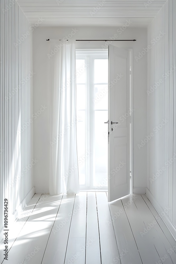 there is a white room with a door and a window there is a white room with a door and a window