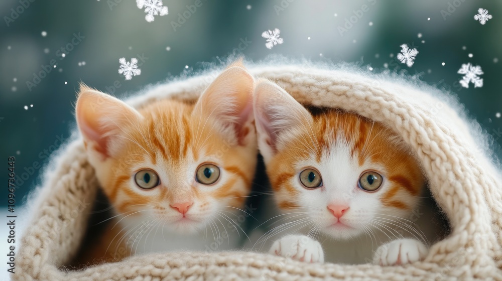 Snowflakes Fall Around Snuggling Kittens in a Blanket