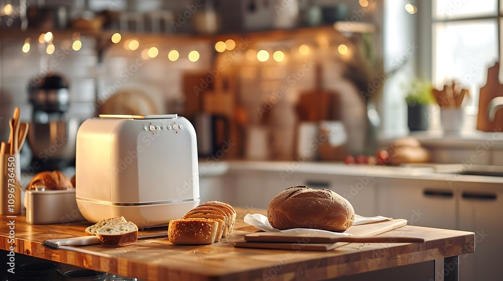 Modern bread maker on a wooden kitchen counter, surrounded by freshly baked bread and artisanal baking tool, in a cozy culinary setting. Modern bread maker on a wooden kitchen counter, surrounded by freshly baked bread and artisanal baking tool, in a cozy culinary setting.