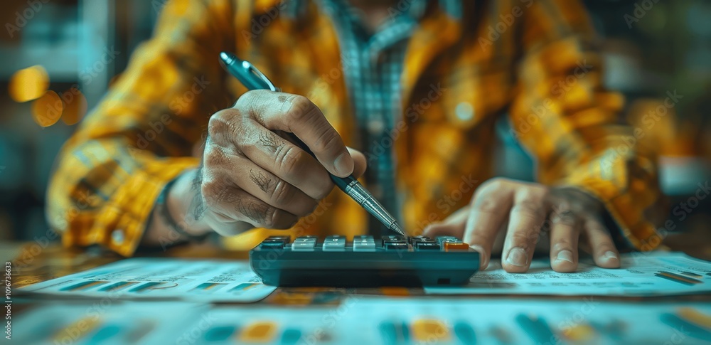 Accountant Analyzing Financial Data with Calculator on Desk in Office Accountant Analyzing Financial Data with Calculator on Desk in Office