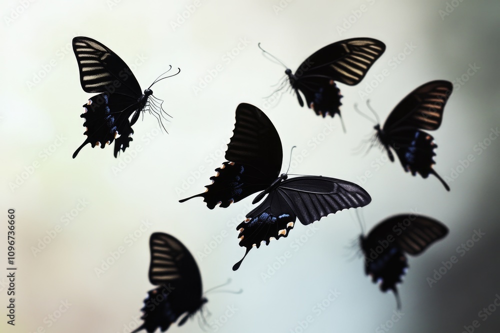 Obraz premium A cluster of black butterflies soar through the air